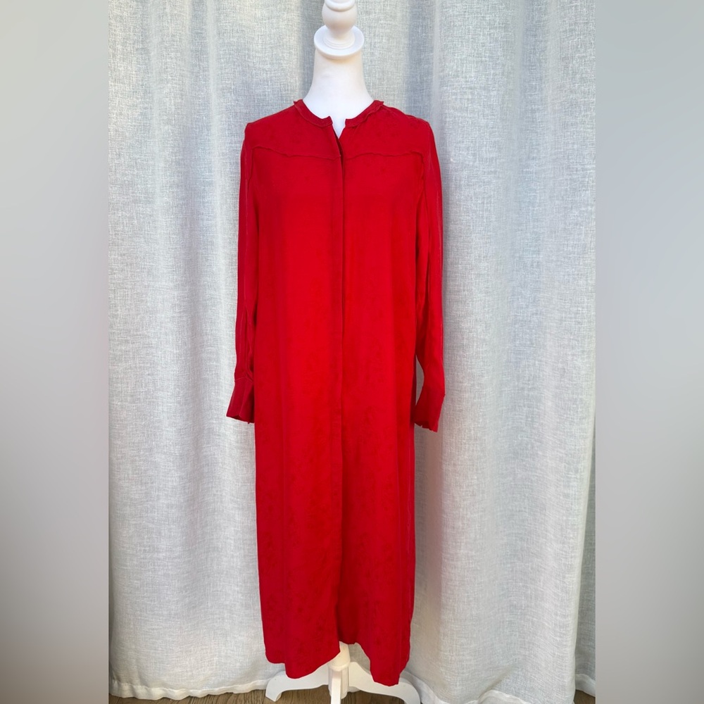 Sandro Paris brocade floral pattern red long sleeve button down kaftan dress